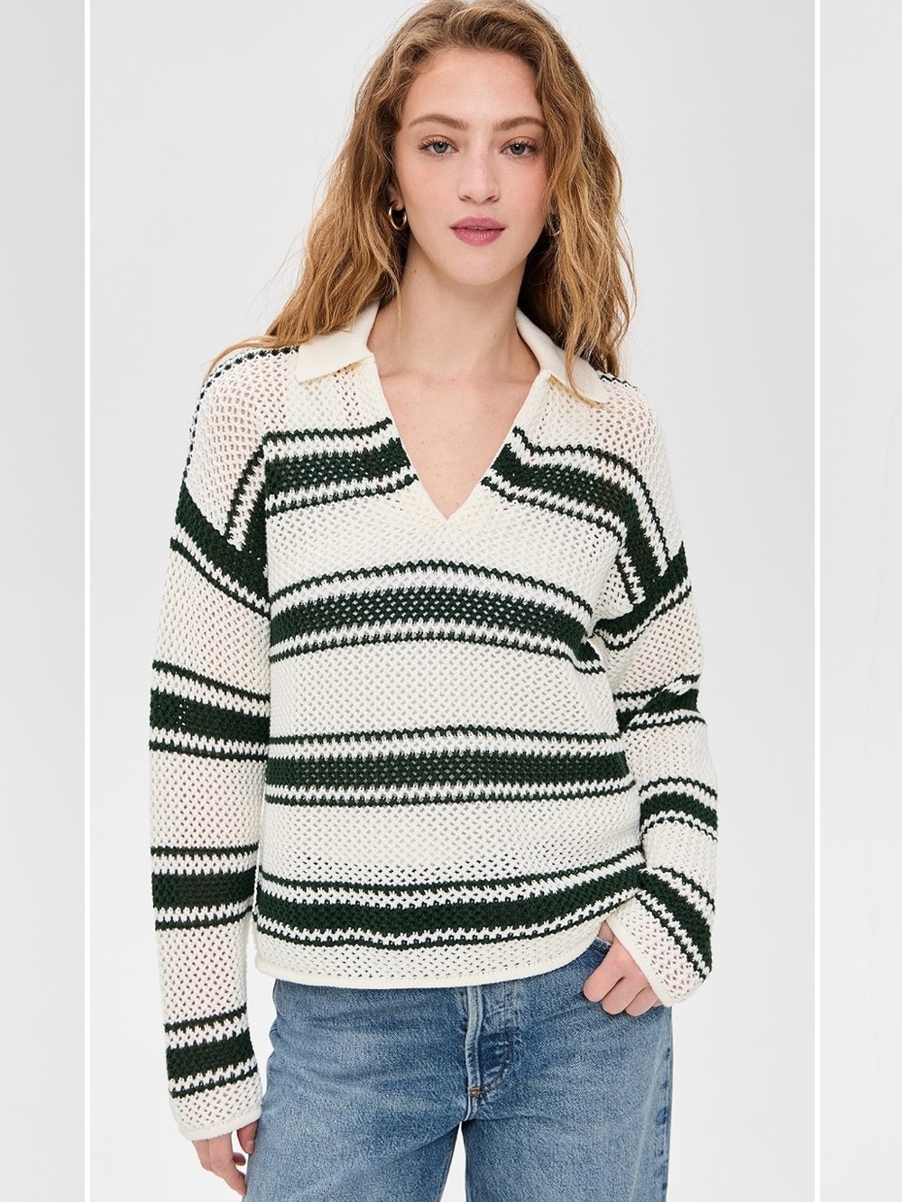 Madewell
Open-Stitch Johnny Collar Sweater Cream/ Forest Green Strip Sz M NWOT
